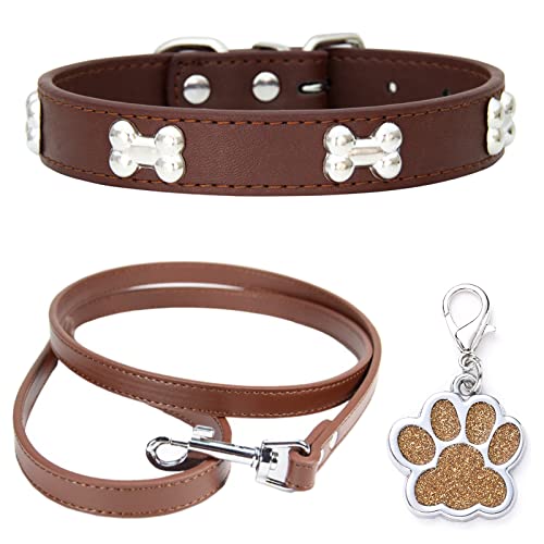 HALFSUMO Hundehalsband Leder Halsband Hundeleine Combo Set Hundehalsbänder Verstellbares Welpenhalsband für Kleine Mittelgroße Hunde Katzen Braun M von HALFSUMO