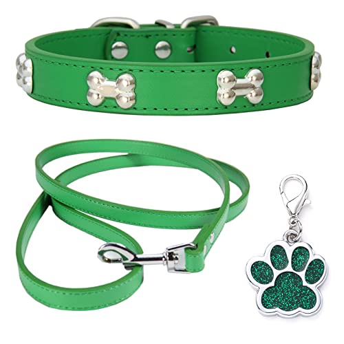 HALFSUMO Hundehalsband Leder Halsband Hundeleine Combo Set Hundehalsbänder Verstellbares Welpenhalsband für Kleine Mittelgroße Hunde Katzen Grün XS von HALFSUMO