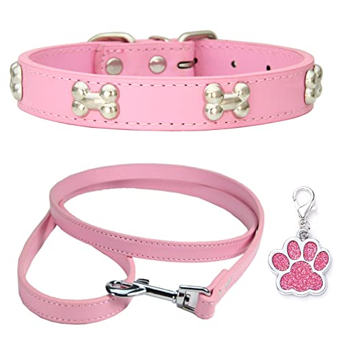 HALFSUMO Hundehalsband Leder Halsband Hundeleine Combo Set Hundehalsbänder Verstellbares Welpenhalsband für Kleine Mittelgroße Hunde Katzen Rosa M von HALFSUMO