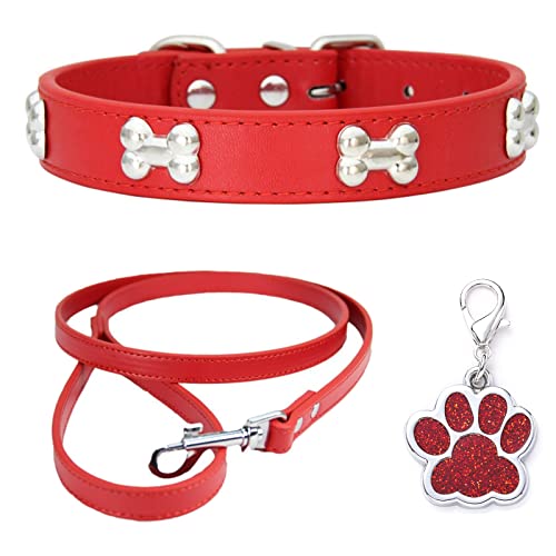 HALFSUMO Hundehalsband Leder Halsband Hundeleine Combo Set Hundehalsbänder Verstellbares Welpenhalsband für Kleine Mittelgroße Hunde Katzen Rot S von HALFSUMO