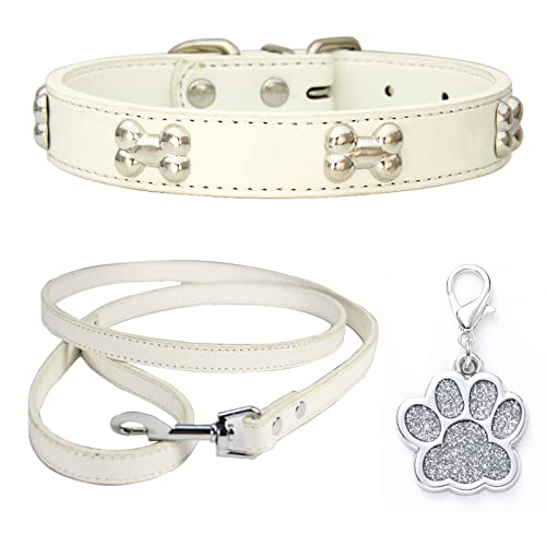 HALFSUMO Hundehalsband Leder Halsband Hundeleine Combo Set Hundehalsbänder Verstellbares Welpenhalsband für Kleine Mittelgroße Hunde Katzen Weiß M von HALFSUMO