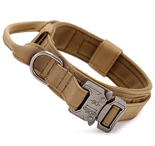 HALFSUMO Hundehalsband Taktisch Verstellbar mit Kontrollgriff, aus Nylon, Gepolstert, Metallschnalle, Hundehalsbänder für Mittlere Große Hunde Jagd Training Freizeit Outdoor Khaki M BL20 von HALFSUMO