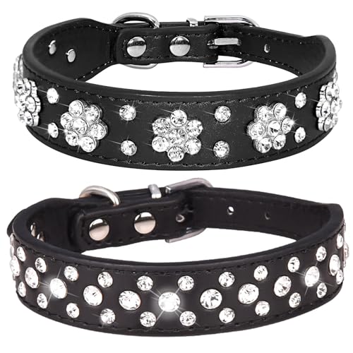 HALFSUMO 2 Stück Leder Hundehalsband Strass Hund Katzenhalsband Bling Diamant mit Strass Blüten Dekoration Haustier Hund Katze Welpenhalsband Schwarz M von HALFSUMO