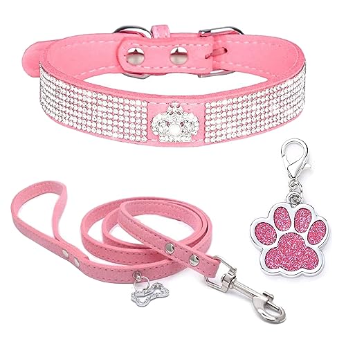 HALFSUMO Strass Hundehalsband Weicher Samt Leder Halsband Hundeleine Combo Set Niedliche Luxus Diamantbesetzt Bling Verstellbares Welpenhalsband für Kleine Mittelgroße Hunde Katzen Rosa L von HALFSUMO