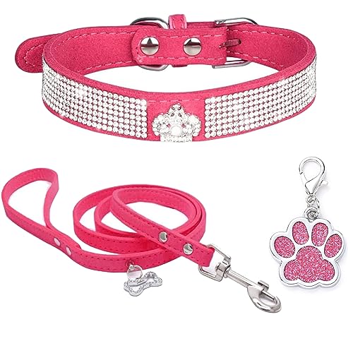 HALFSUMO Strass Hundehalsband Weicher Samt Leder Halsband Hundeleine Combo Set Niedliche Luxus Diamantbesetzt Bling Verstellbares Welpenhalsband für Kleine Mittelgroße Hunde Katzen Rose Rot M von HALFSUMO