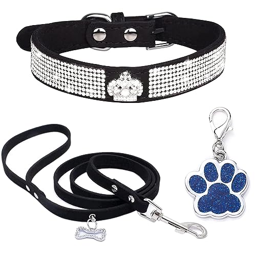 HALFSUMO Strass Hundehalsband Weicher Samt Leder Halsband Hundeleine Combo Set Niedliche Luxus Diamantbesetzt Bling Verstellbares Welpenhalsband für Kleine Mittelgroße Hunde Katzen Schwarz S von HALFSUMO