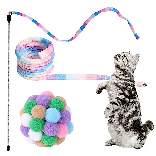 HAMIL Katzenbandspielzeug | Schnurspielzeug Regenbogenband Charmer Stick Katze Teaser Zauberstab,Stick-Katzenspielzeug mit Ball, sicherer Spaß, bunt, zum Spielen und Trainieren von Kätzchen von HAMIL