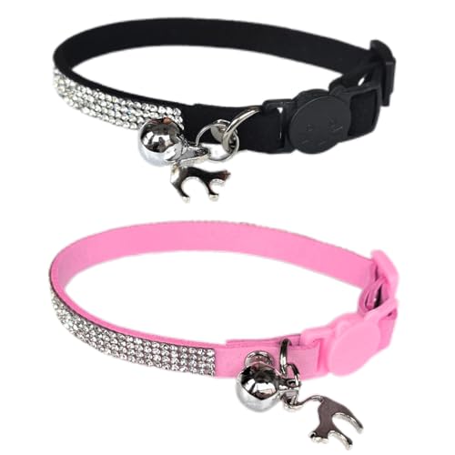 2 Stück Strass kleine Katzenhalsbänder Sicherheitsschnalle mit Glöckchen, Diamant verstellbares Kätzchenhalsband Schnellverschluss für Mädchen Junge Kätzchen kleine Haustiere 15,2 cm - 22,9 cm von HAMUSN