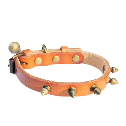 Hundehalsband aus Leder mit Glöckchen, Nieten, für kleine Welpen, verstellbar, für Mädchen und Jungen, strapazierfähig, Orange, Größe XS von HAMUSN