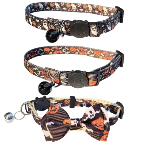 Katzenhalsband, Sicherheitsschnalle mit Glöckchen, Halloween-Stil, 3 Stück, verstellbare Kätzchen-Halsbänder für Mädchen, Jungen, Kätzchen, Welpen, kleine Haustiere, 20,3–27,9 cm von HAMUSN