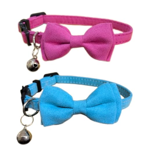 Katzenhalsband mit Fliege und Glöckchen, abnehmbare Fliege, verstellbare Kätzchen-Halsbänder für Mädchen, Jungen, Kätzchen, kleine Haustiere, 17,8 - 27,9 cm, Blau und Hot Pink, 2 Stück von HAMUSN