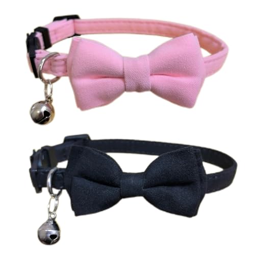 Katzenhalsband mit Fliege und Glöckchen, abnehmbare Fliege, verstellbare Kätzchen-Halsbänder für Mädchen, Jungen, Kätzchen, kleine Haustiere, 17,8 - 27,9 cm, Schwarz und Rosa, 2 Stück von HAMUSN