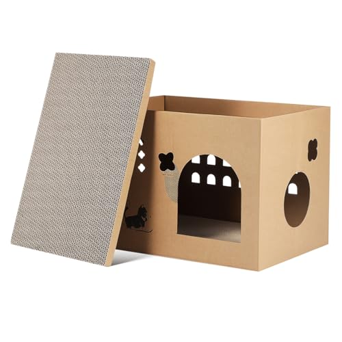 HANABASS Katzenvilla katzenbett katzenbox Katzenkartonhaus katzenkiste katzenzubehör für Wohnungskatzen Katzenhaus Kratzhaus für Katzen Papphaus Katzenspielhaus Katzenhütte Wellpapier Beige von HANABASS