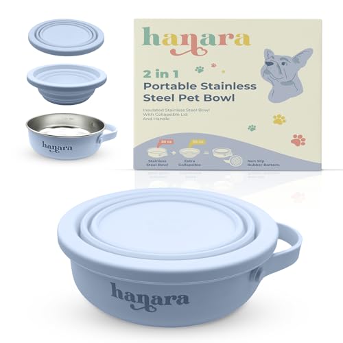 HANARA 2-in-1 Isolierter Edelstahl-Hundenapf mit extra faltbarem Deckel und Griff für Hunde, Katzen, Haustiere, rutschfeste Gummiunterseite, tragbar, ideal für drinnen und draußen, 850 ml (plus 590 g) von HANARA