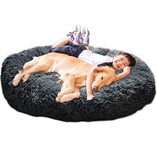 HANHAN Donut Plüsch Hundebett Extra Groß XXL Orthopädisch Gemütlich Kissen Beruhigend Weide Anti Angst XXXL Sofa Flauschige Höhle Schlafkorb Waschbar Mittlere Matratze XL Jumbo Dunkelgrau von HANHAN