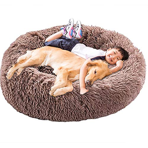 HANHAN Donut Plüsch Hundebett Extra Groß XXL Orthopädisch Gemütlich Kissen Beruhigend Weide Anti Angst xxxl Sofa Flauschige Höhle Schlafkorb Waschbar Mittlere Matratze XL Jumbo Braun von HANHAN