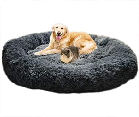 HANHAN Flauschiges Sofa Plüsch Hundebett Orthopädisch Warm Rund Beruhigend Kunstfell Donut Beruhigend Cuddler Haustierbett Winter Warm Verbesserter Schlaf für Mittelgroße Hunde Waschbar Dunkelgrau von HANHAN