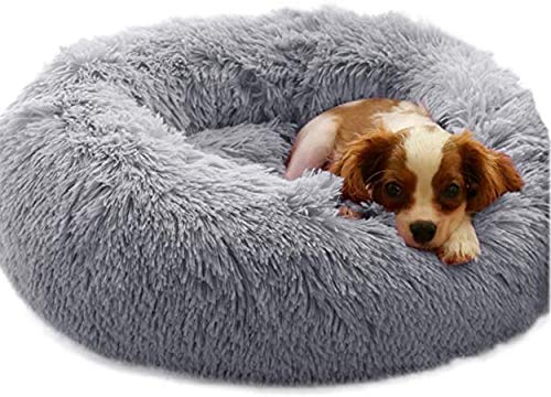 HANHAN Flauschiges Sofa Plüsch Hundebett Orthopädisch Warm Rund Beruhigend Kunstfell Donut Beruhigend Cuddler Haustierbett Winter Warm Verbesserter Schlaf für Mittelgroße Hunde Waschbar Grau von HANHAN