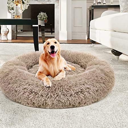 HANHAN Flauschiges Sofa Plüsch Hundebett Orthopädisch Warm Rund Beruhigend Kunstfell Donut Beruhigend Cuddler Haustierbett Winter Warm Verbesserter Schlaf für Mittlere Extra Große Hunde Waschbar Braun von HANHAN