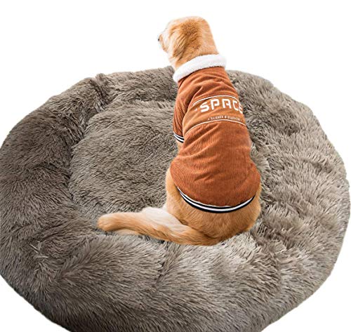 Hanhan Hundebett, warm, flauschig, extra groß, waschbar, rund, beruhigend, Fell-Donut-Design, bequem, für große Hunde (M-80 cm, braun) von HANHAN