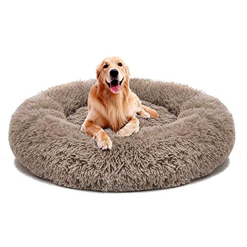 Hanhan rundes Haustierbett, flauschig, beruhigendes Bett, Plüsch, Nisthöhle, Haustierbett, Katzensofa, weich, bequem, Donut-Matte für extra große Hunde, Braun, XXL: 120 cm von HANHAN