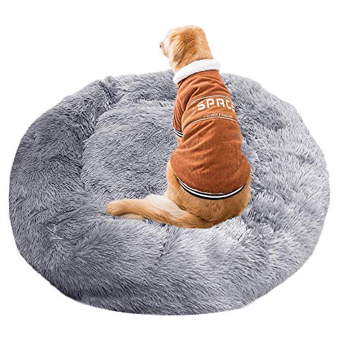 Hanhan rundes Haustierbett, flauschig, beruhigendes Bett, Plüsch, Nisthöhle, Haustierbett, Katzensofa, weich, bequem, Donut-Matte für extra große Hunde, hellgrau, L: 80 cm von HANHAN