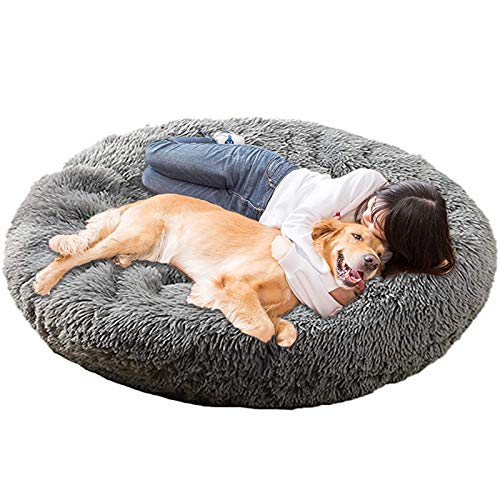 Jumbo Extra großes xxxl Hundebett Orthopädisches Donut Beruhigendes Anti-Angst-Kissen Flauschiges Plüschsofa Geflecht Beheizte Höhle XXL Schlafkorb XL Waschbar Mittel Dunkelgrau von HANHAN