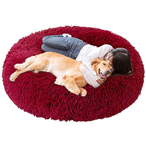 Jumbo Extra großes xxxl Hundebett Orthopädisches Donut Beruhigendes Anti-Angst-Kissen Flauschiges Plüschsofa Geflecht Beheizte Höhle XXL Schlafkorb XL Waschbar Mittel Rot von HANHAN