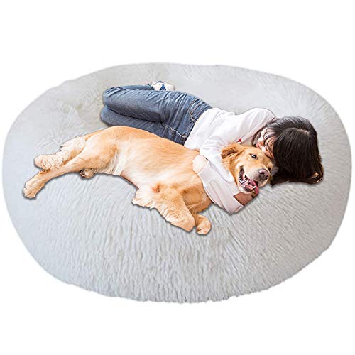 Jumbo Extra großes xxxl Hundebett Orthopädisches Donut Beruhigendes Anti-Angst-Kissen Flauschiges Plüschsofa Geflecht Beheizte Höhle XXL Schlafkorb XL Waschbar Mittel Weiß von HANHAN