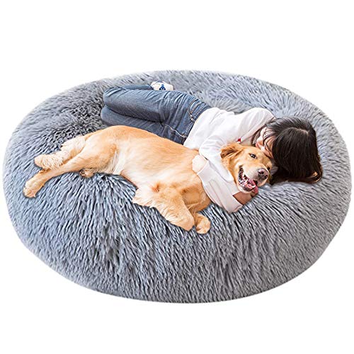 Jumbo Extra großes xxxl Hundebett Orthopädisches Donut Beruhigendes Anti-Angst-Kissen Flauschiges Plüschsofa Geflecht Beheizte Höhle XXL Schlafkorb XL Waschbar Mittelgrau von HANHAN