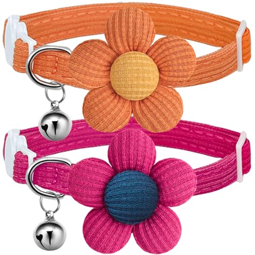 HANSHILAI Katzenhalsband, Katzenhalsband mit Glöckchen, Katzenhalsband, niedliches Katzenhalsband für Mädchen und Jungen mit Blume, Halsband para Gatos (2 Stück) (Orange und Rosarot) von HANSHILAI