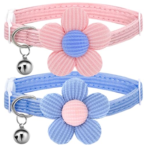 HANSHILAI Katzenhalsband, mit Glöckchen, Katzenhalsband, niedliches Katzenhalsband für Mädchen und Jungen mit Blume, Halsband para Gatos (2 Stück) (Blau und Rosa) von HANSHILAI