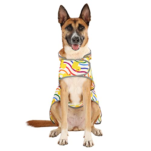 HAPPIERE Hunde-Regenmantel für große Hunde, wasserdichte Regenjacke mit Kapuze und Loch für die Leine, Polyester, Regenbogen-Enten von HAPPIERE