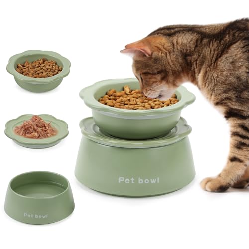 HAPPY HACHI Katzennapf Keramik 3in1, Kätzchen Nassfutter Trockenfutter und Wassernapf Set,Gesunde Ernährung Fütterung Flache Katzenschüssel Für Katzen und Kleine Hunde von HAPPY HACHI