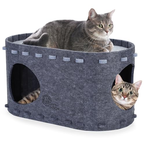 HAPPY HACHI Katzenhöhle Filz, Katzenbett und Tunnelhaus Faltbar 2in1, Katzenhaus Indoor für Katzen bis zu 10 kg, Abnehmbarer katzenbett höhle, 58 * 30 * 33cm von HAPPY HACHI