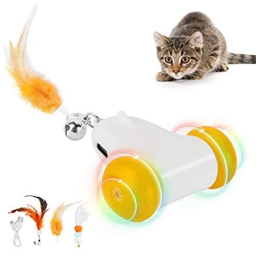 HAPPY HACHI Katzenspielzeug Selbstbeschäftigung, Katzenspielzeug Elektrisch mit 3 Fedem, 2 Geschwindigkeiten, LED-Farbrad, Spielzeug für Katzen USB Aufladbar (Weiß) von HAPPY HACHI