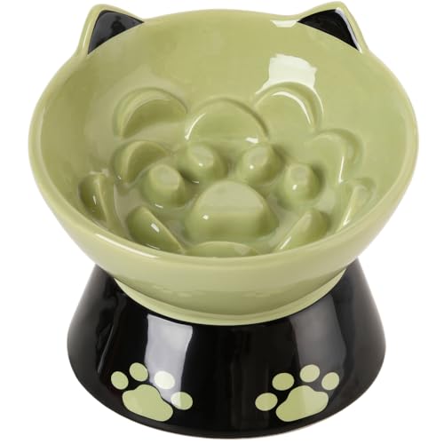 HAPPY KIT Cat Slow Feeder, 15,2 cm Katzenfutterschüssel Erhöhter Hund Slow Feeder Bowl Keramik Katzennapf Anti-Erbrechen für Trocken- und Nassfutter (Grün) von HAPPY KIT