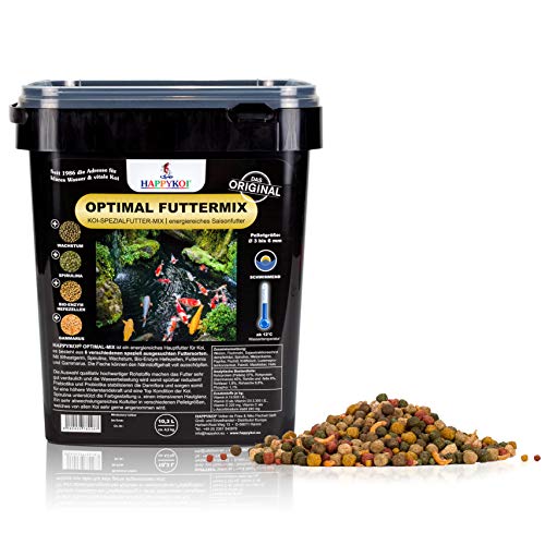 HAPPYKOI® Optimal Mix - Spezial Koi Fisch Futter Futtermix ausgewogen für Wachstum & Farbe mit Spirulina & Gammarus - 10,3 Liter Pellet Ø3 bis Ø6 mm von HAPPYKOI