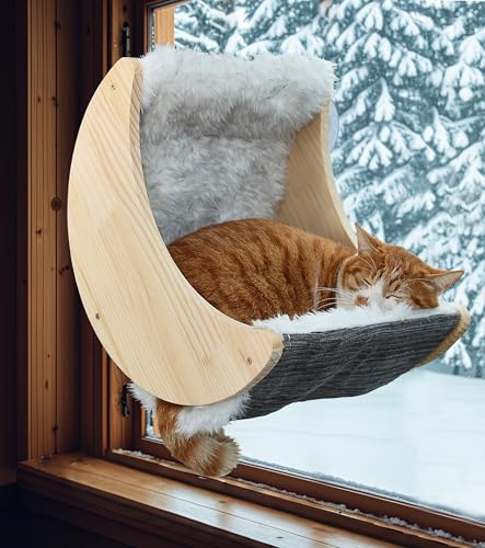 Fenster-Katzenbetten mit ultraweicher Hängematte, Mondregale montiert mit starken Saugnäpfen, Katzenfenstersitz zum Übersehen und Sonnenbaden (Kunstwollfell) von HAPYKITYS