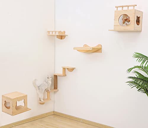 Wandmontierte Katzenregale aus Holz, Katzenwandmöbel-Set für Innen- und Kletterspielplatz mit 2 Katzenwandhaus, Katzenhängematte, 4 Ebenen Leiter und 1 Kratzbaum von HAPYKITYS