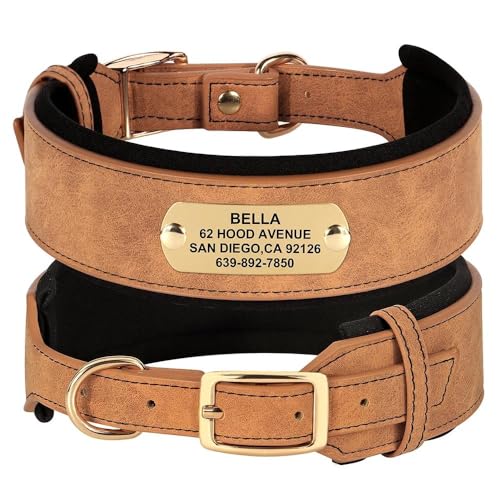 Breites Hundehalsband aus PU-Leder, personalisierbar, weich und bequem, Anti-Verlust, verstellbares Haustierhalsband, geeignet für Pit Bull Bulldogge, Französische Bulldogge, Braun, Größe XL von HAQEPO