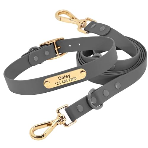 Hunde- und Katzenhalsband und Leine, aus PVC, wasserdicht, personalisierbar, verstellbar, Anti-Verlust-Halsband für Labrador, Französische Bulldogge, Grau, Größe L von HAQEPO