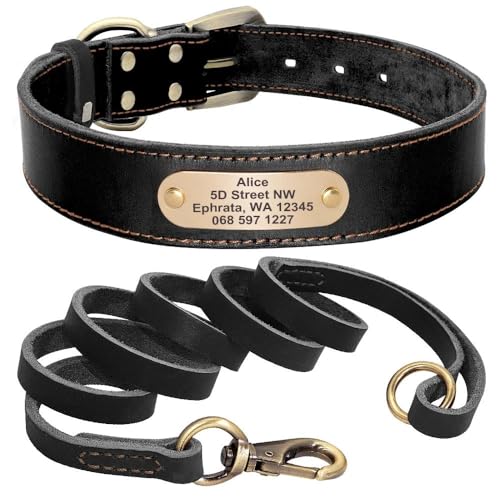 Hundehalsband aus Leder, mit Leine, personalisierbar, mit Namensschild, Halsband für Deutscher Schäferhund, Labrador, schwarzes Set, Größe XL von HAQEPO