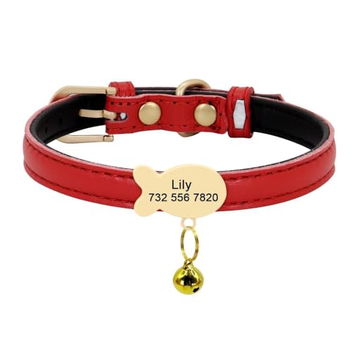 Hundehalsband aus Leder, personalisierbar, für kleine und mittelgroße Hunde und Katzen, mit Glockenfischschild, Rot, Größe XS von HAQEPO
