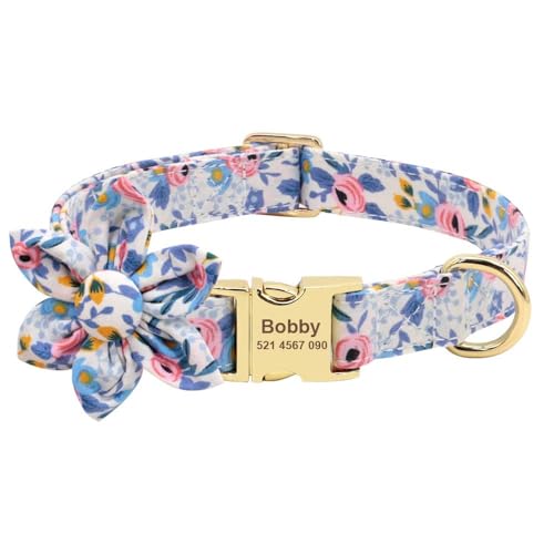 Hundehalsband aus Nylon, personalisierbar, mit Gravur, hübsche Blumen, verstellbar, Anti-Verlust-Hundehalsband, Haustierbedarf, C, S von HAQEPO