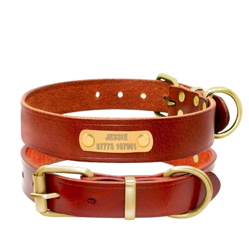Hundehalsband aus echtem Leder, mit Name und Telefonnummer, personalisierbar, verstellbar, Anti-Verlust-Echtleder, Braun, Größe M Hundehalsband aus echtem Leder, mit Name und Telefonnummer, personalisierbar, verstellbar, Anti-Verlust-Echtleder, Braun, Größe M von YHTAKF