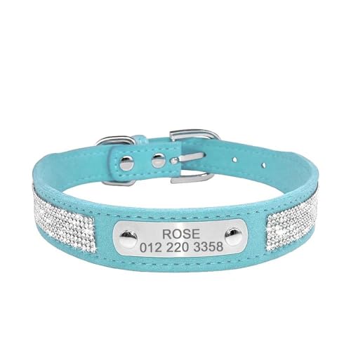 Hundehalsband für kleine und mittelgroße Katzen, mit Strasssteinen, personalisierbar, Leder, für Chihuahua, Mops, Blau, Größe S Hundehalsband für kleine und mittelgroße Katzen, mit Strasssteinen, personalisierbar, Leder, für Chihuahua, Mops, Blau, Größe S von HAQEPO