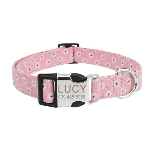 Hundehalsband mit Gravur, Nylon-Druck, Blumenmuster, personalisierbar, Namensschild, Halsband für Mops, Chihuahua, Labrador, Französische Bulldogge, D, M von HAQEPO