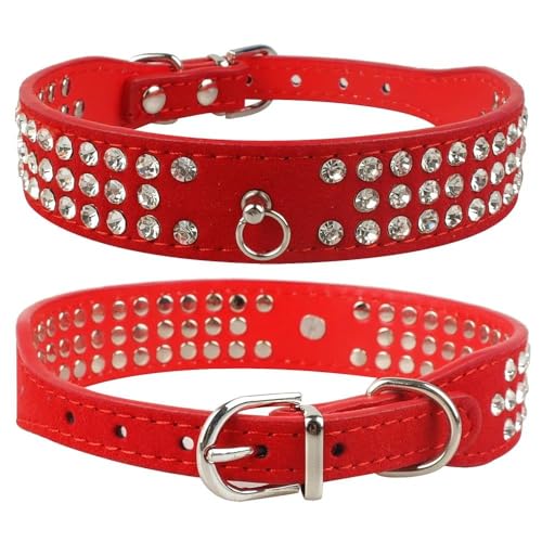 Hundehalsband mit Nieten, Wildleder, Strass, kleine und mittelgroße Katzen, verstellbares Leder-Halsband für kleine und mittelgroße Hunde, Chihuahua, Yorkshire Terrier, Rot, Größe L von HAQEPO