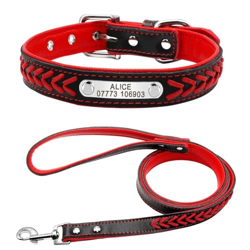 Hundehalsband und Leine, Leder, handgewebt, personalisierbar, Namensschild, Haustierhalsband, Anti-Verlust, verstellbares Katzen- und Hundehalsband und Leine, Set, A, L von HAQEPO